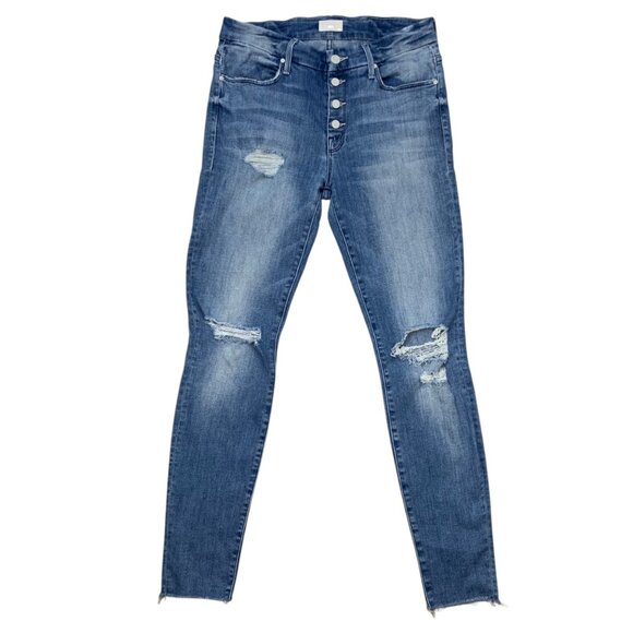 Mother The Pixie Fray Jean 28 Losing Control Blue Distress Skinny Rips Mid Rise - Picture 1 of 12